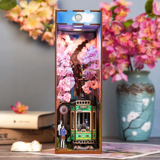 Cherry Blossom Tram Station book nook with LED lighting.