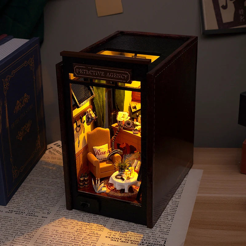 Warm-lit Detective Room Book Nook with accessories