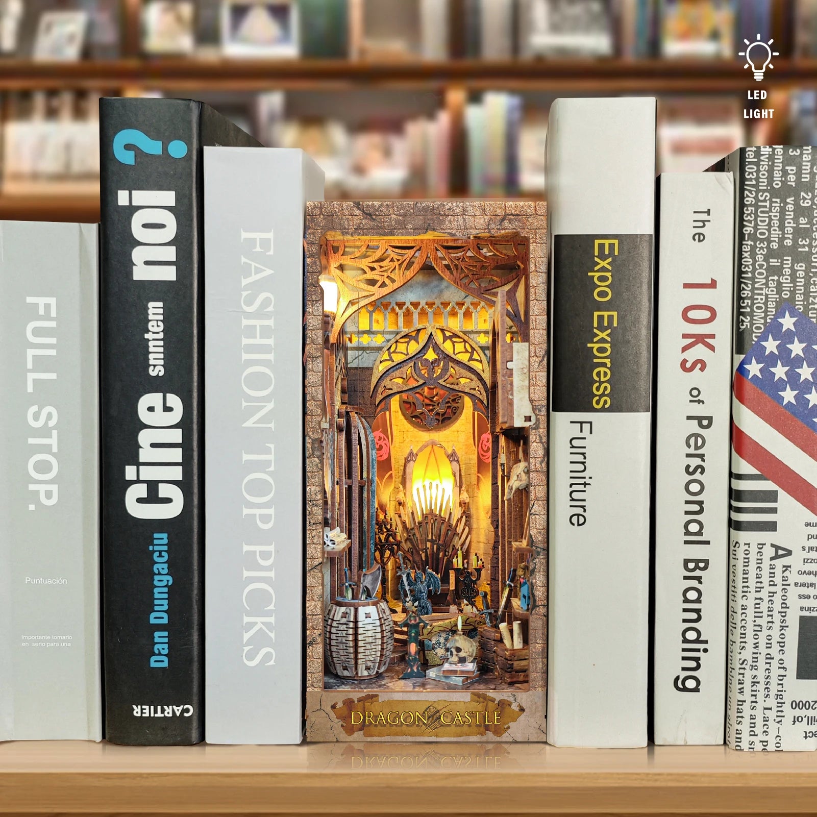 Game Of Thrones Book Nook Kit with LED light on bookshelf