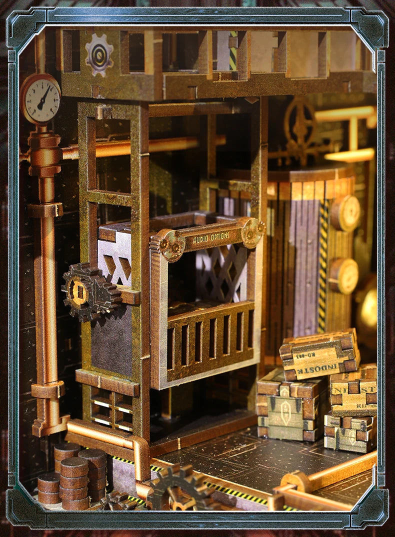 Close-up of gears and crates in a steampunk book nook