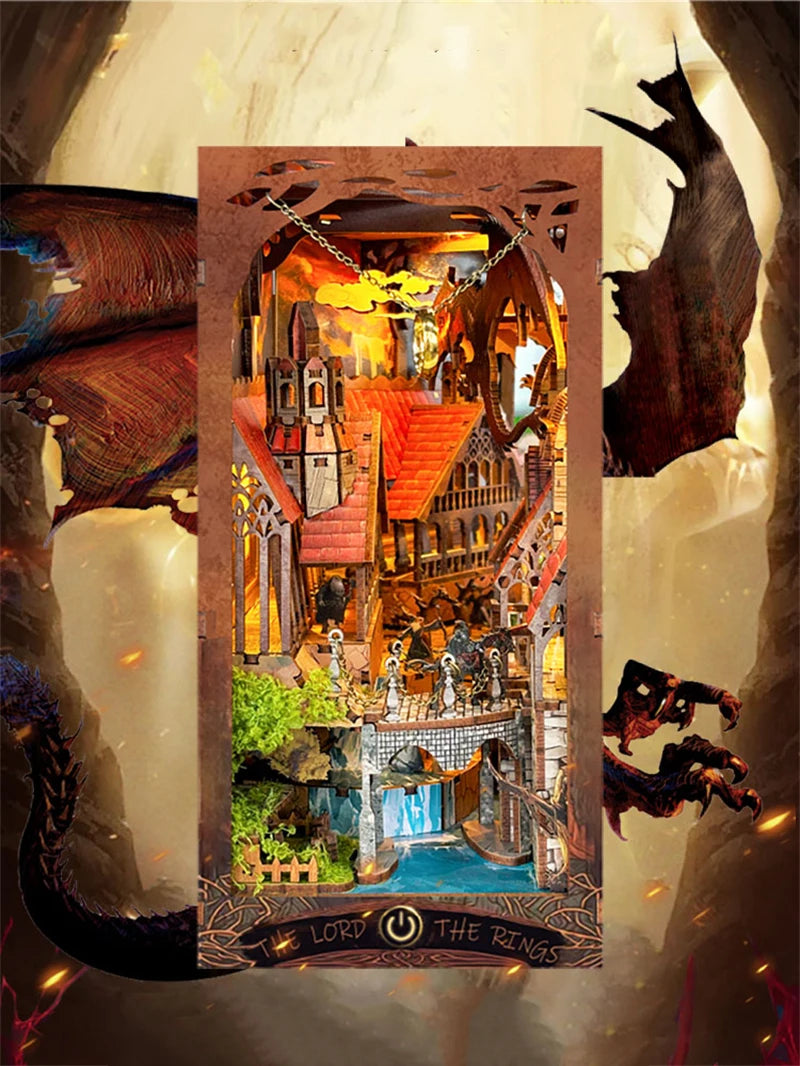 Detailed Lord of the Rings book nook with dragon backdrop