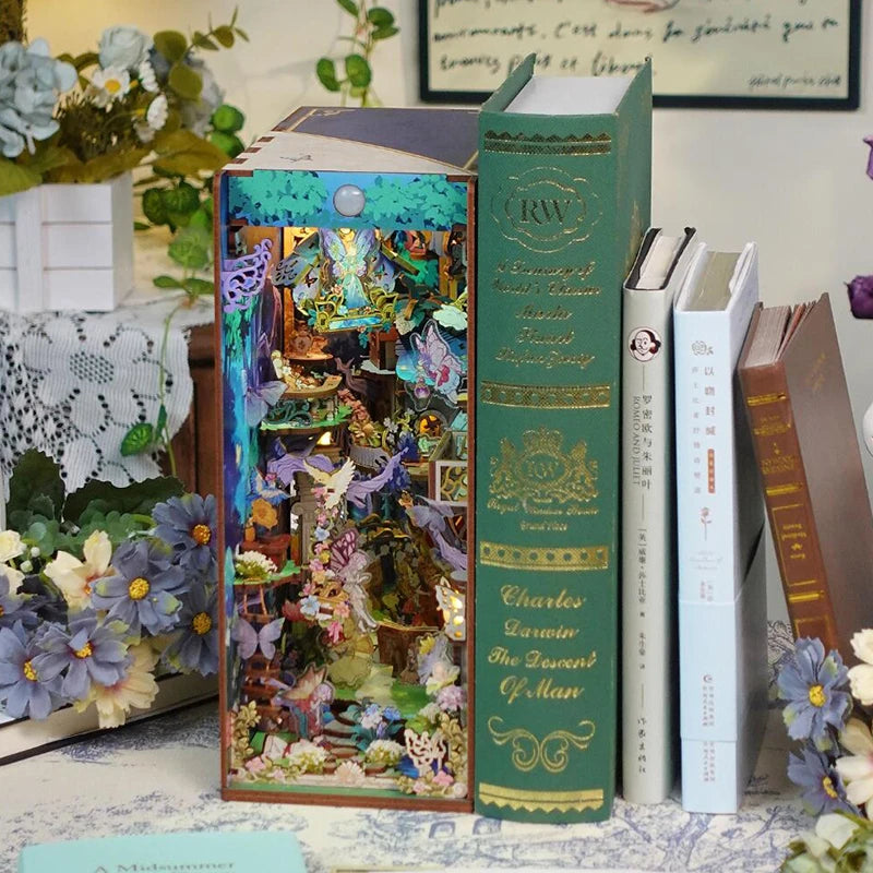 Detailed forest scene in book nook with books