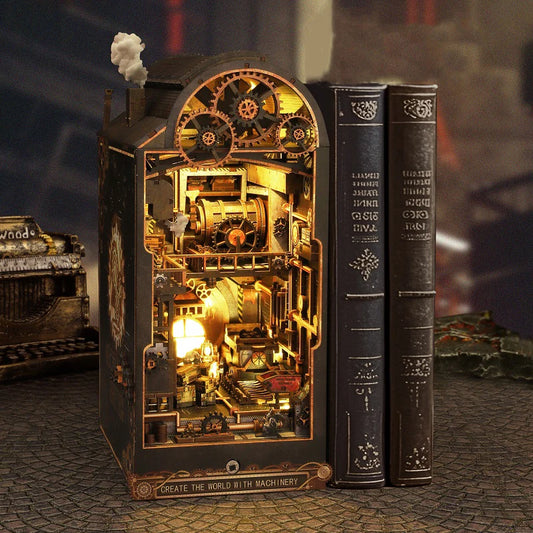 Steampunk book nook with gears and LED lighting