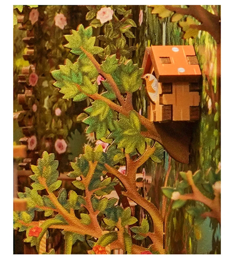 Close-up of birdhouse in Secret Garden Book Nook Kit.