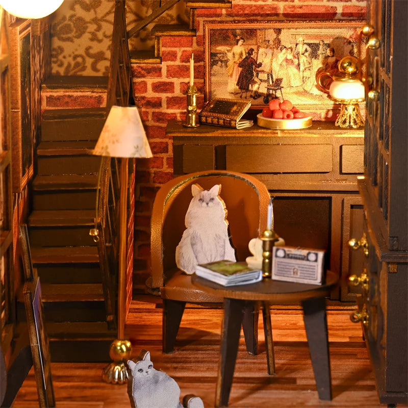 Close-up of cozy study nook with cat on chair and elegant decor.