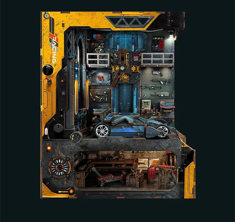 Detailed view of cyberpunk car workshop book nook.