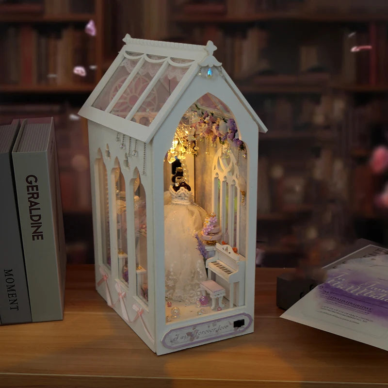 DIY wedding day book nook on wooden shelf