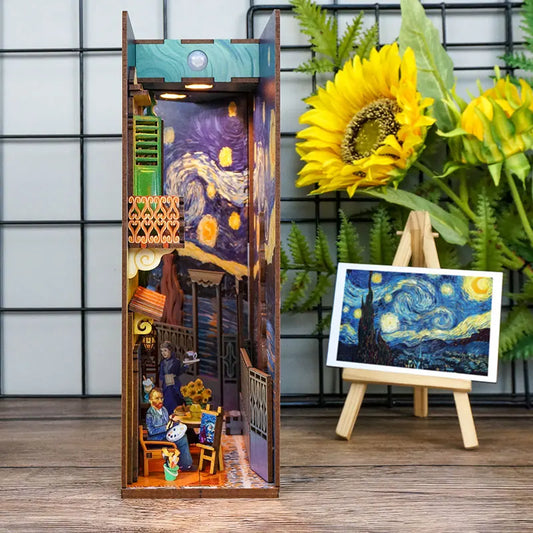 Van Gogh-inspired book nook with Starry Night and cafe scene