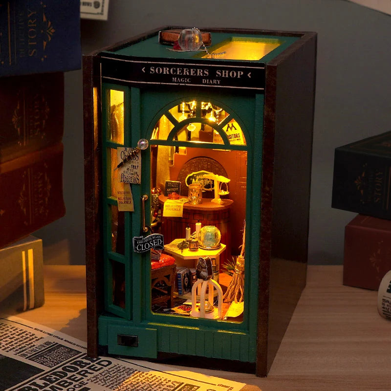 Detailed Sorcerer's Shop book nook featuring spell books