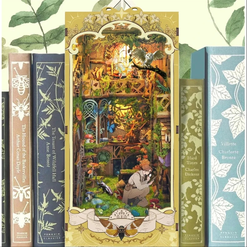 Victorian insect study book nook kit on a bookshelf