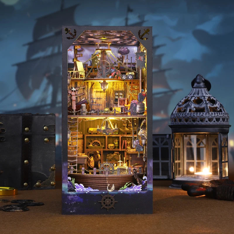 DIY book nook kit featuring a detailed pirate ship scene.