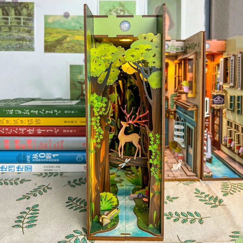 Mystical forest book nook with deer and LED lights