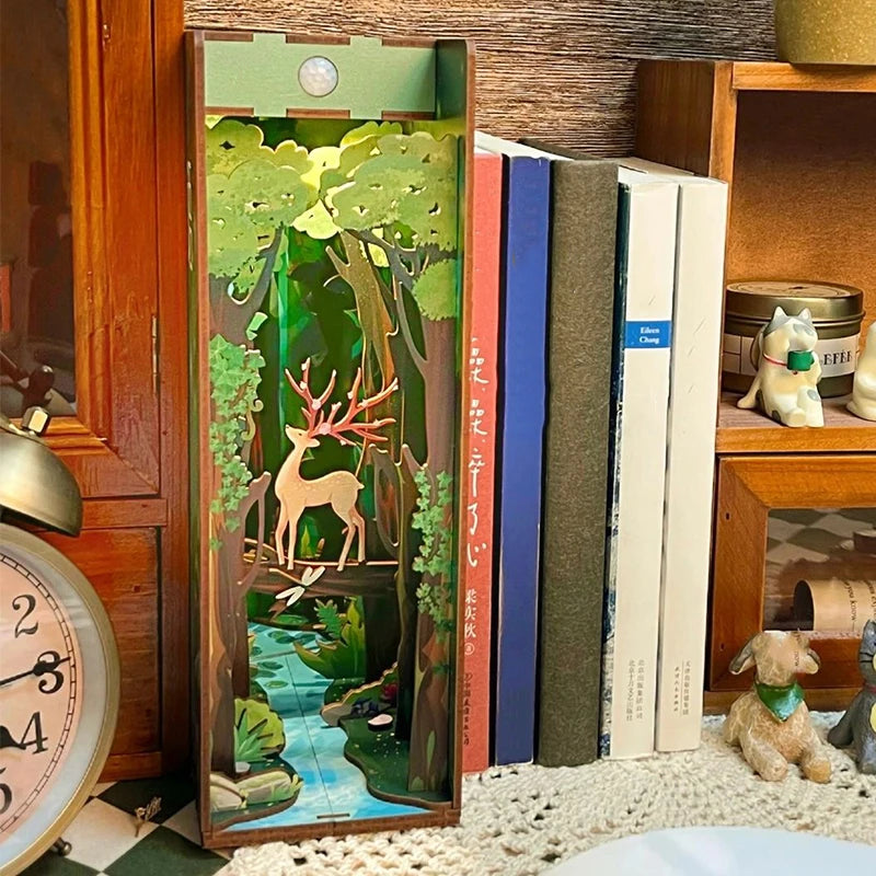 Assembled book nook with woodland scene and deer