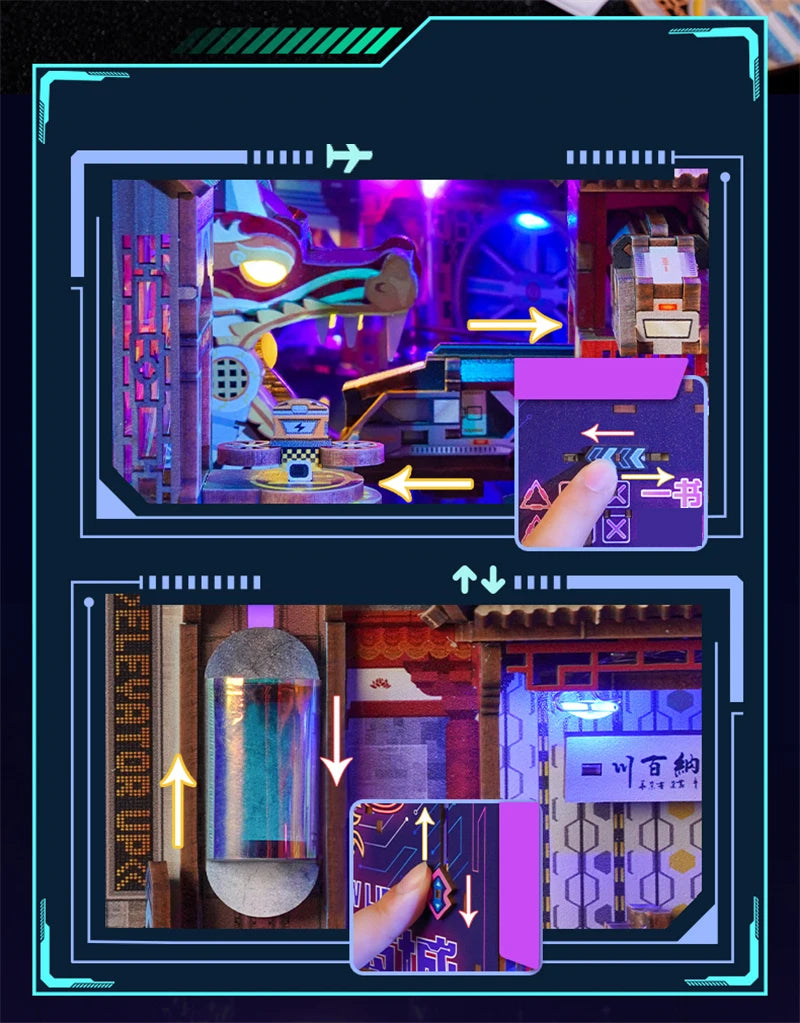 Interactive features of Cyberpunk Village Book Nook