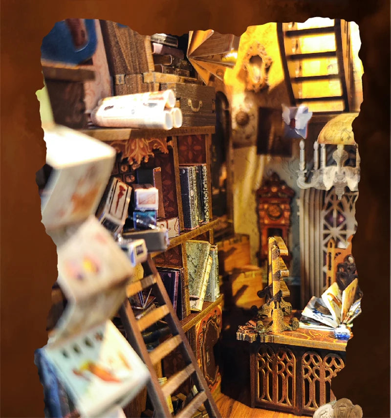 Intricate bookshelf and magical elements in book nook