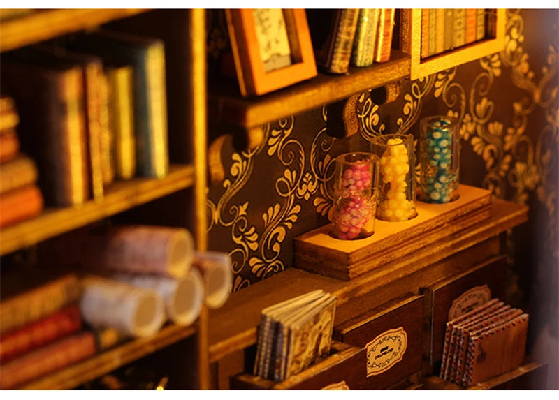 Detailed shelves with books and jars in book nook