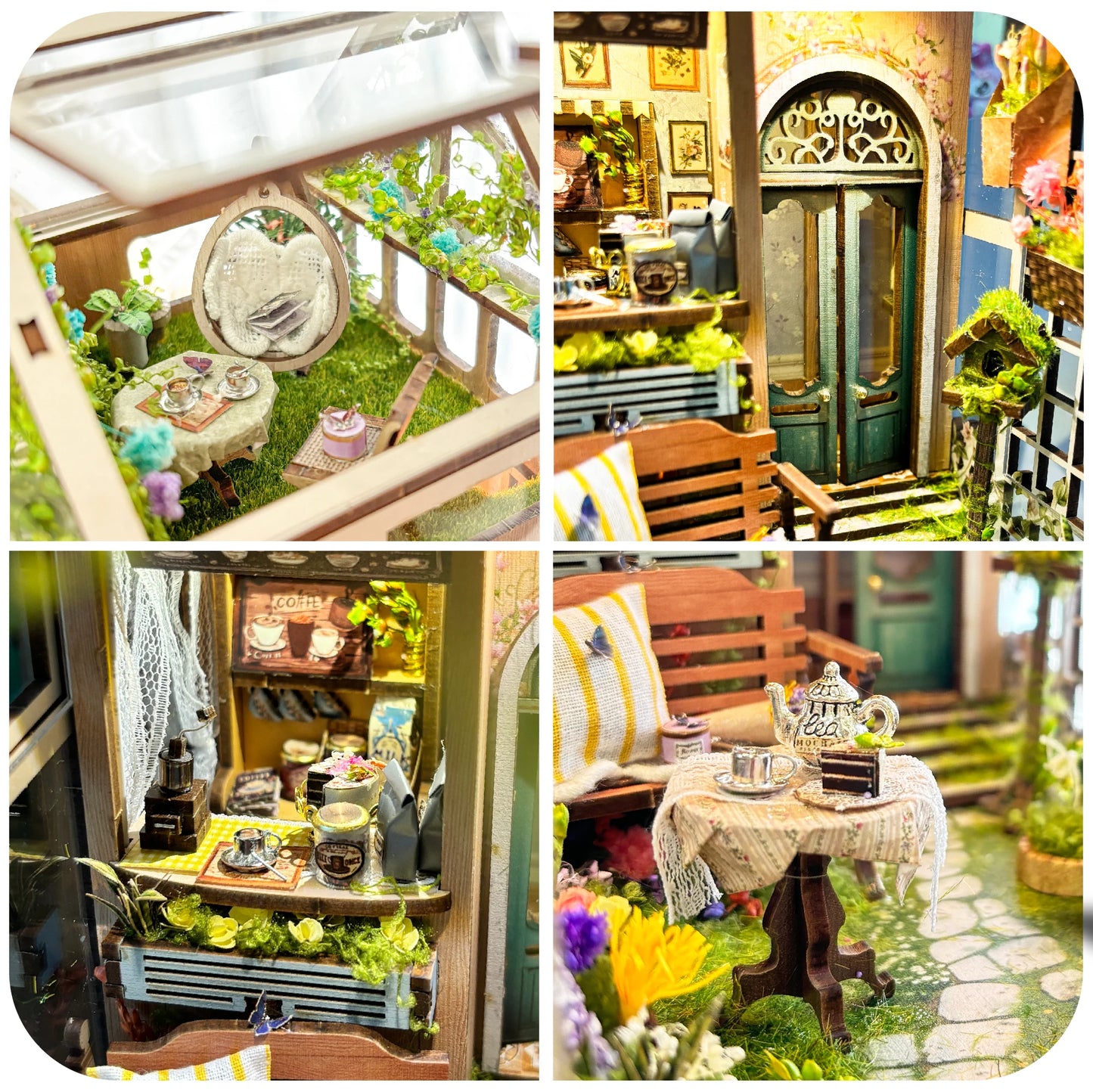 Detailed scenes of cozy garden greenhouse book nook