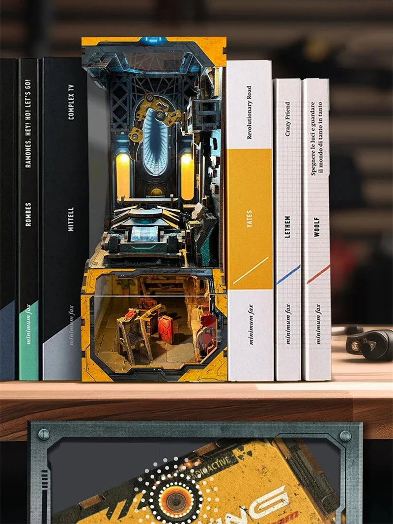 Cyberpunk book nook with books on a shelf.