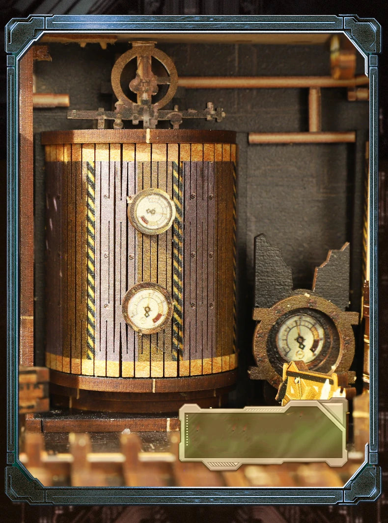 Detailed view of machinery in a steampunk book nook