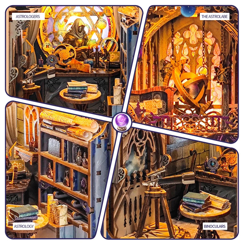 Detailed interior of astrology book nook with tools and books.