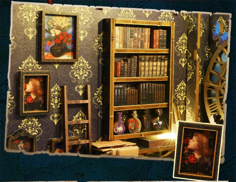 Bookshelf and paintings in detective book nook