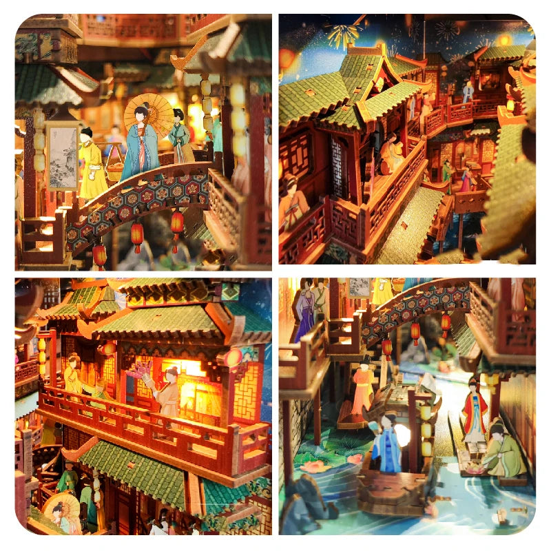 Detailed scenes in Ancient Chinese Market Book Nook Kit