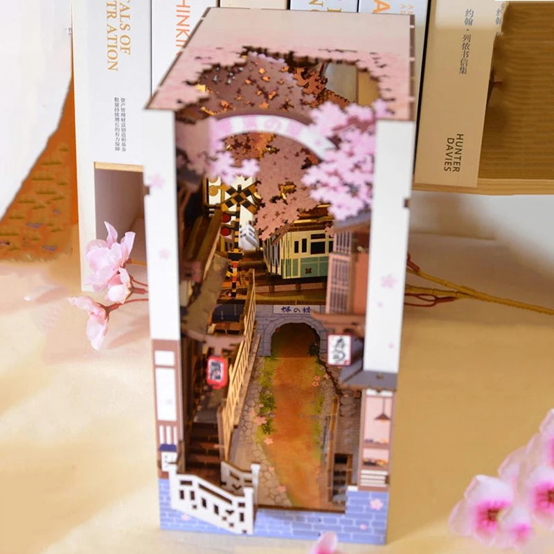 DIY Japanese street scene book nook with cherry blossoms