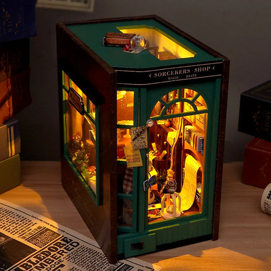 DIY Sorcerer's Shop book nook with glowing interior