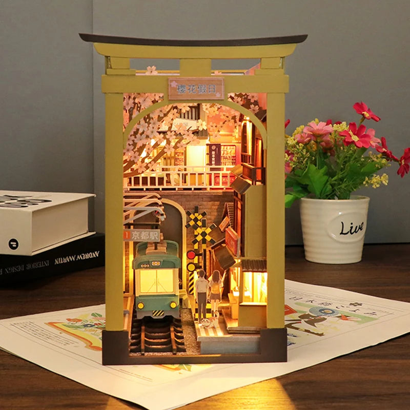 Intricate Japanese Train Station Book Nook with cherry blossoms