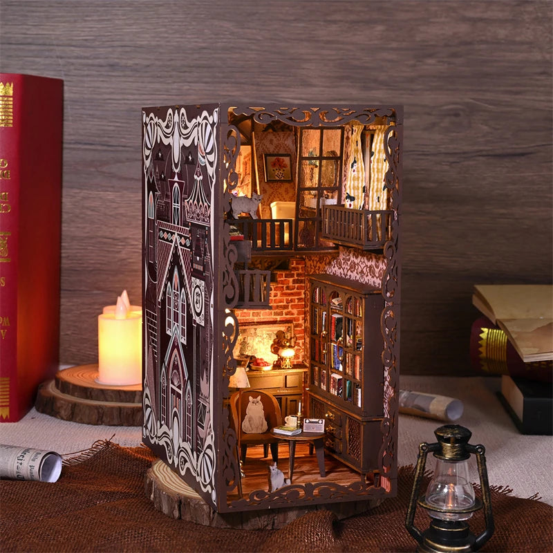 Victorian-style book nook with warm lighting and intricate details.