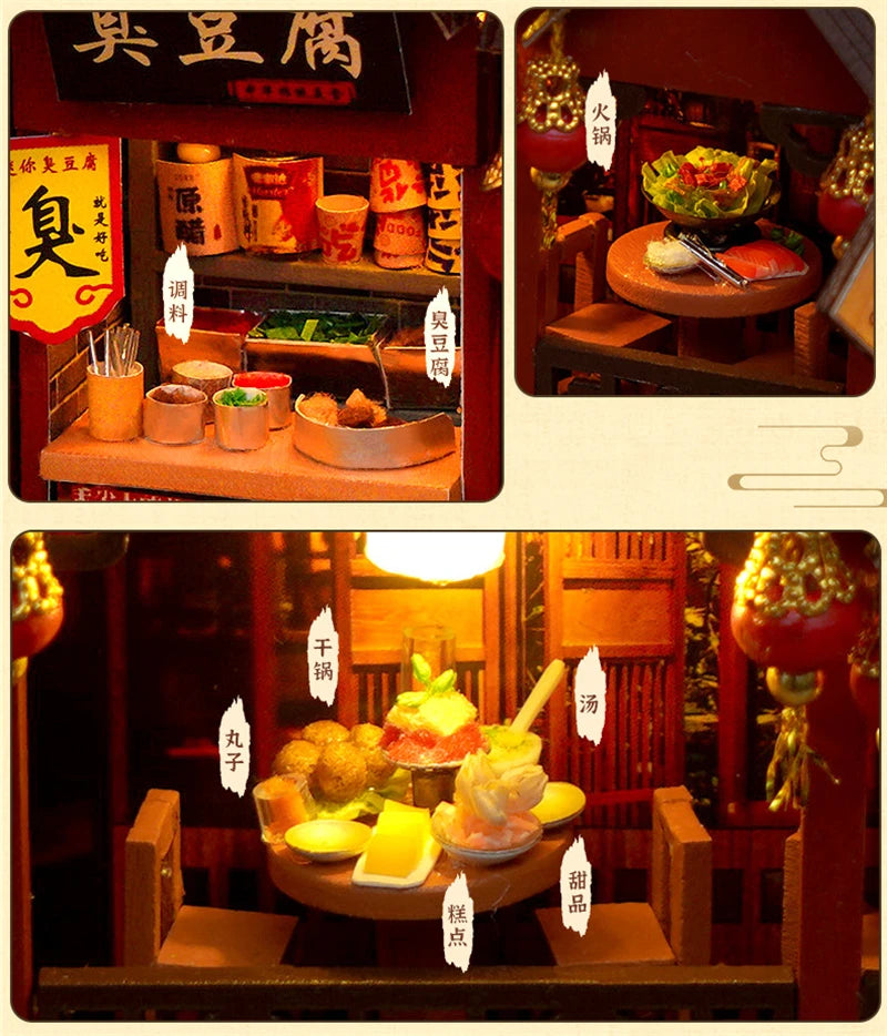 Miniature food displays in Chinese book nook