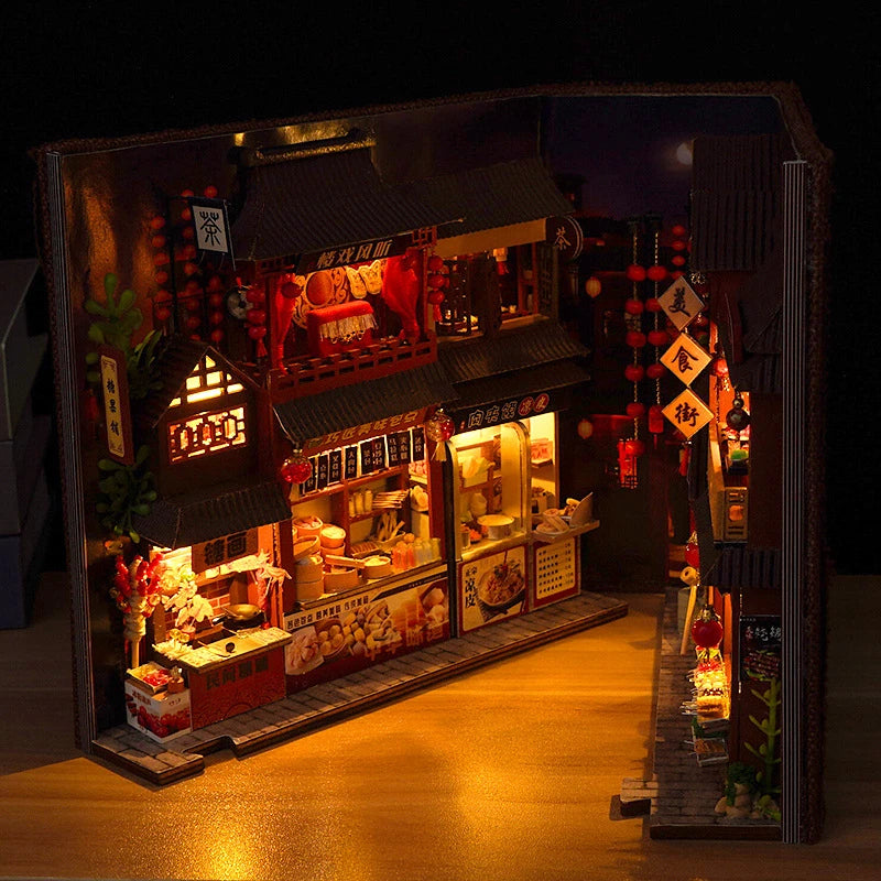 Vibrant Chinese market book nook with LED lights