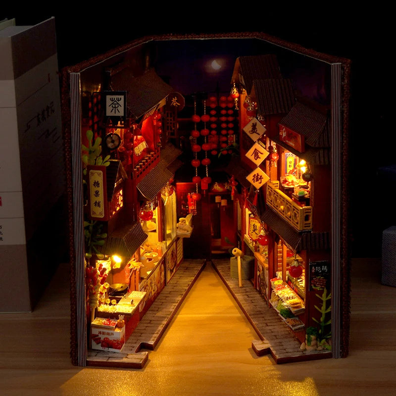 Illuminated Chinese food street book nook scene