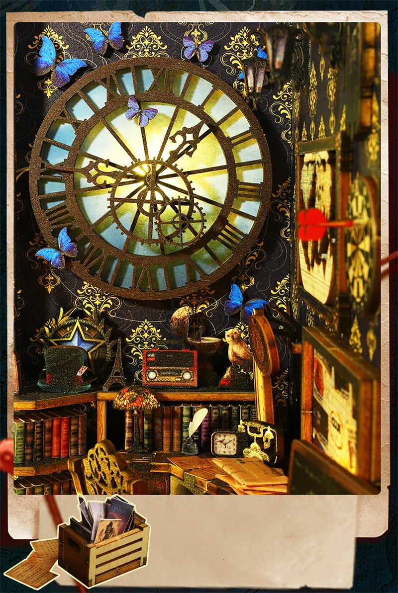 Close-up of clock and decor in detective book nook