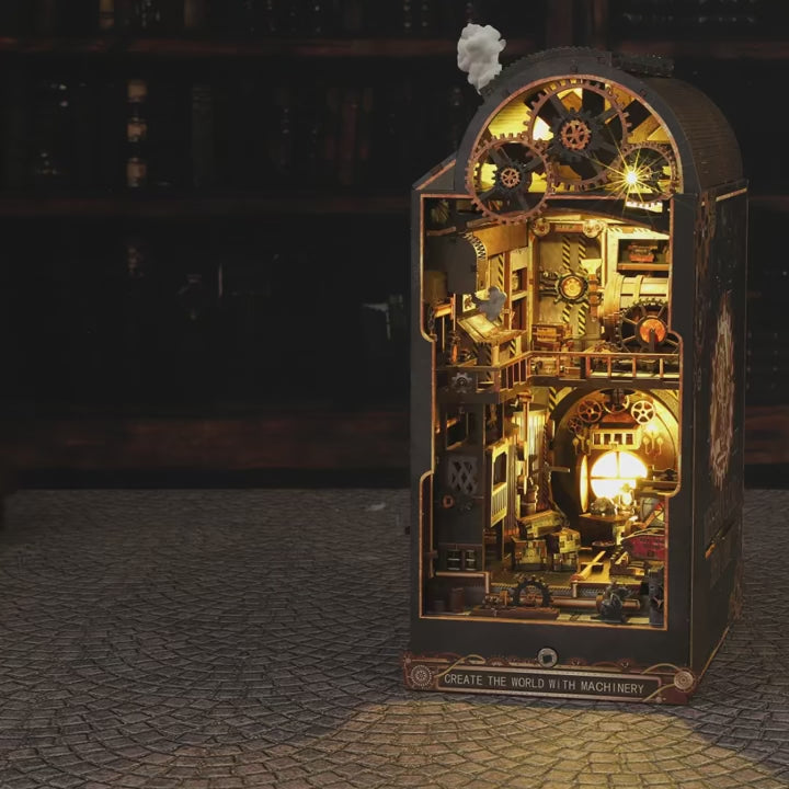 Illuminated mechanical book nook with intricate details