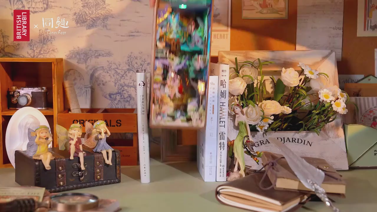 Book nook on a desk with books and decor