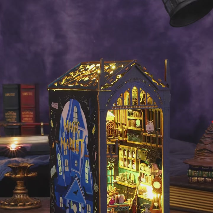 Side view of Magic Market Book Nook Kit with LED lights