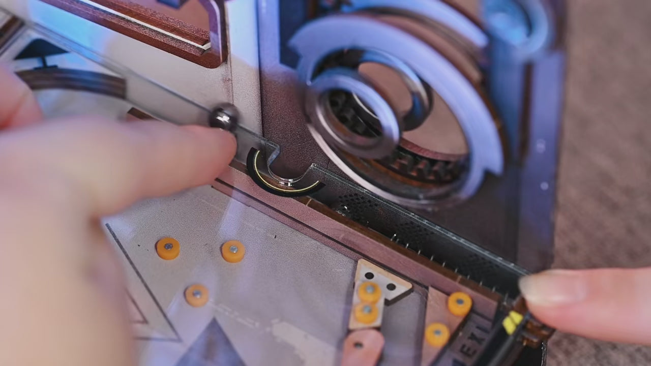 Close-up of pinball mechanism in Cyberpunk Book Nook Kit